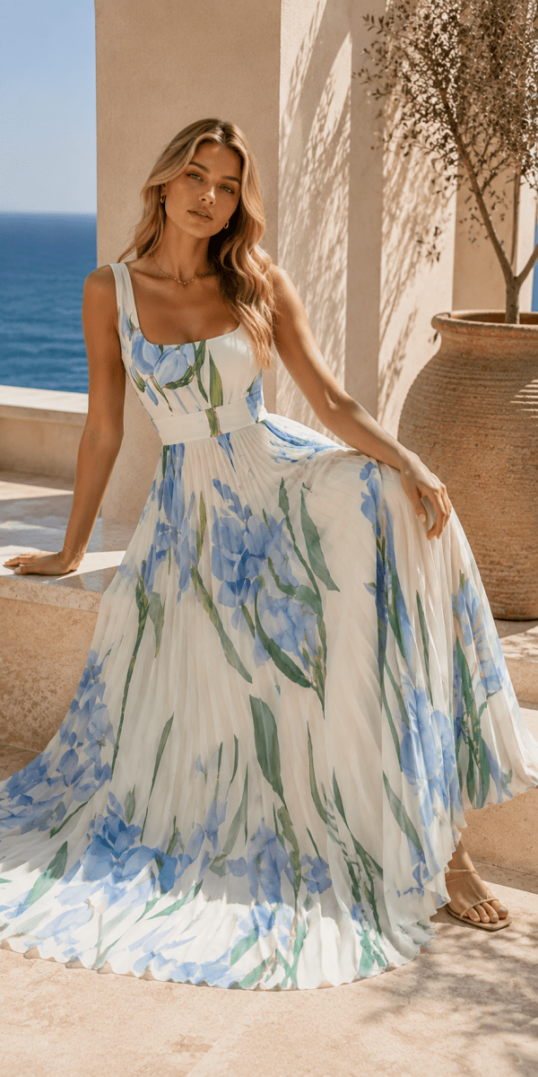 Vestido Celeste Crema Floral Lila