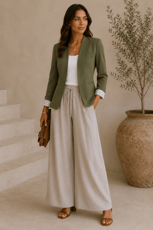 Chaqueta recta con hombreras - Caqui Verde