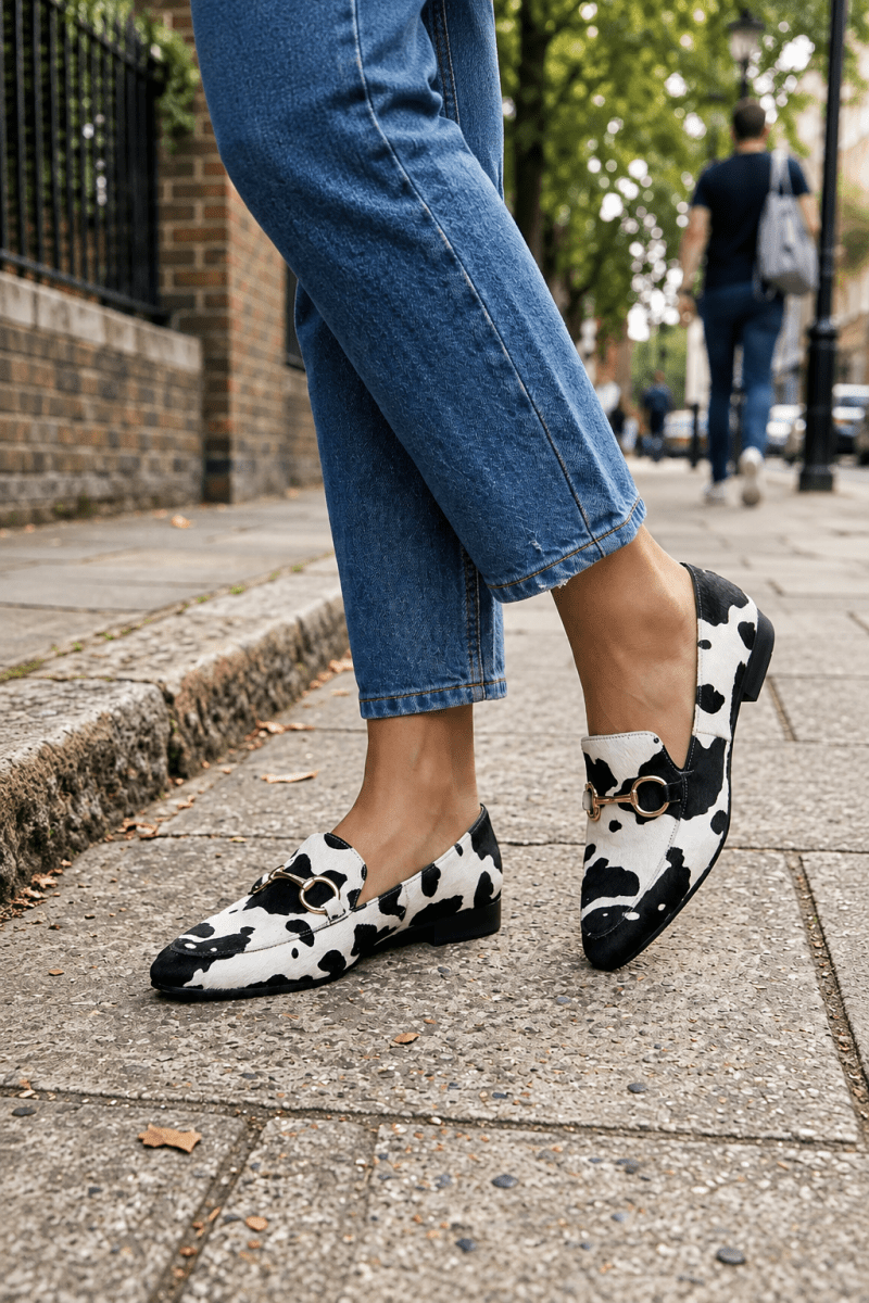 Mocasín de piel con estampado de leopardo en blanco y negro 34