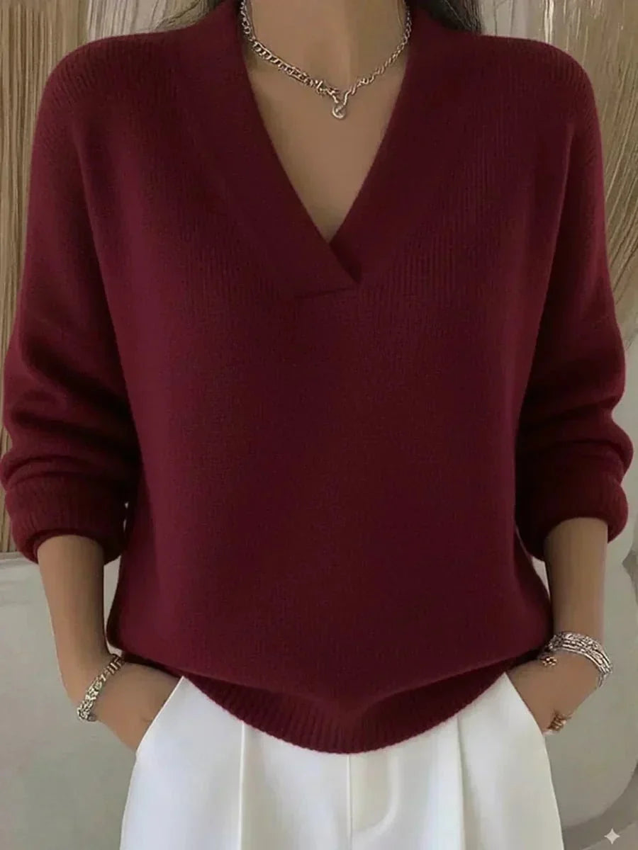 Modesta Jersey holgado con cuello en V Burdeos