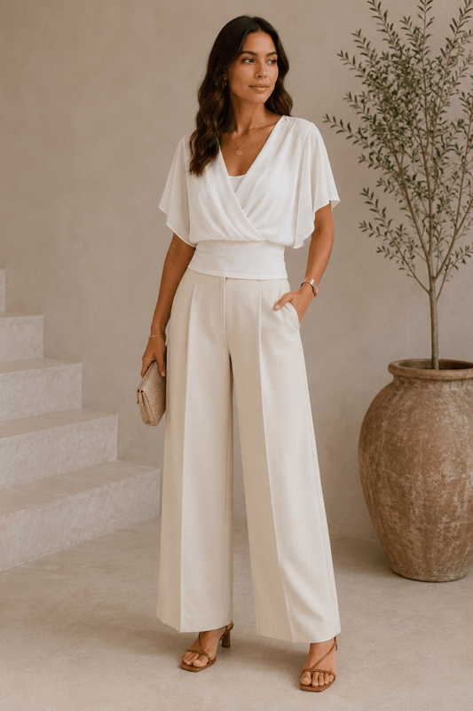 Top liso con mangas con volantes - Blanco Blanco