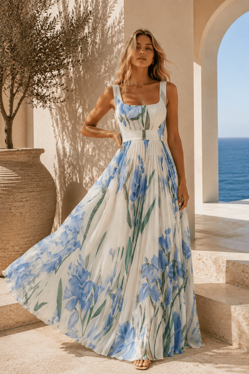 Vestido Celeste Marfil Floral azul