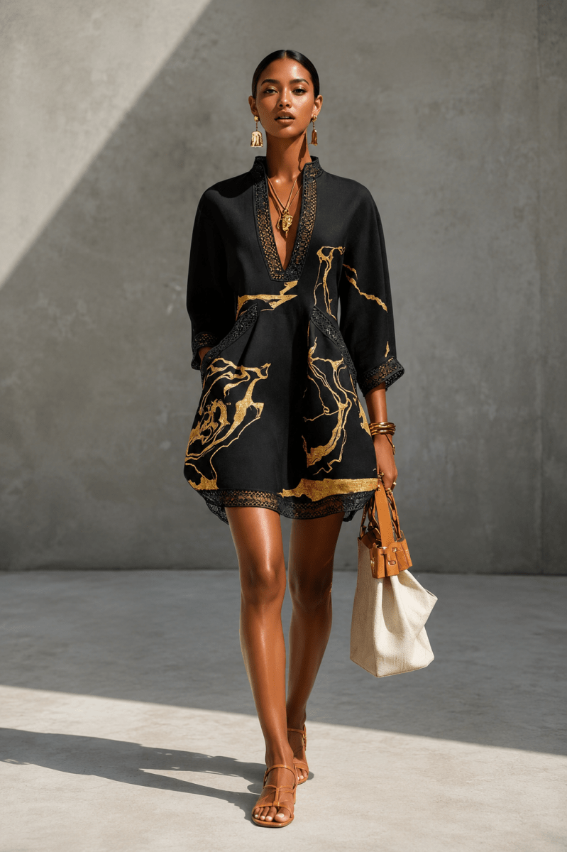 Vestido mini con cuello en V, estampado en negro y dorado S
